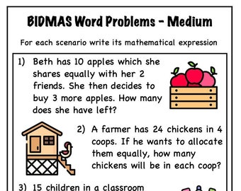 10 Page Printable Engaging BIDMAS Challenge: Solve Medium Word Problems with BIDMAS Operations (Ages 6-11)