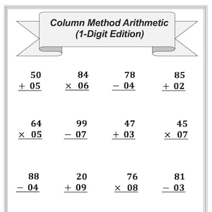Puede incluir: Una hoja de trabajo con problemas de matemáticas que utilizan el método de columna para la suma, la resta y la multiplicación. Los problemas son todos operaciones de un solo dígito. La hoja de trabajo se titula "Método de columna de aritmética (Edición de un dígito)".