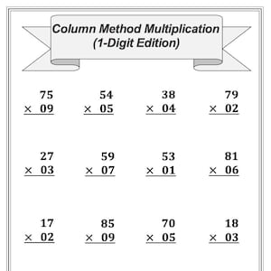 Può includere: Un foglio di lavoro con il titolo "Moltiplicazione con il metodo delle colonne (Edizione a una cifra)" e una serie di problemi di moltiplicazione. Ogni problema ha un numero di due cifre moltiplicato per un numero di una cifra.