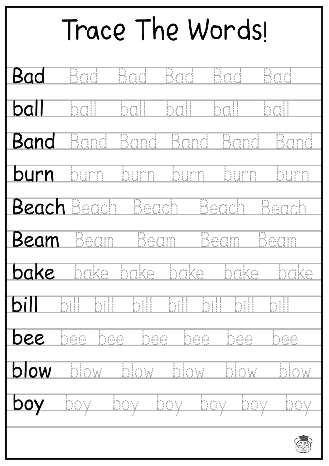 Traceable words for kids
