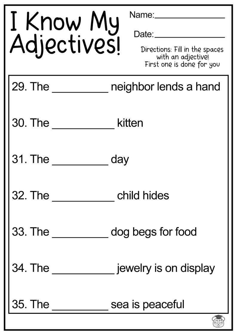 8 Printable Fill in the Adjective English Worksheets Fill in the Blank