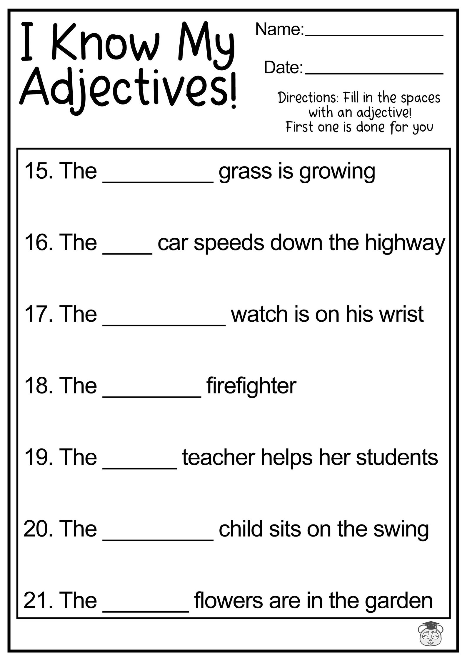 8 Printable Fill In The Adjective English Worksheets Fill In Etsy