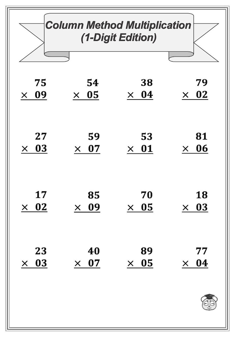 4 printable multiplication column method math worksheets
