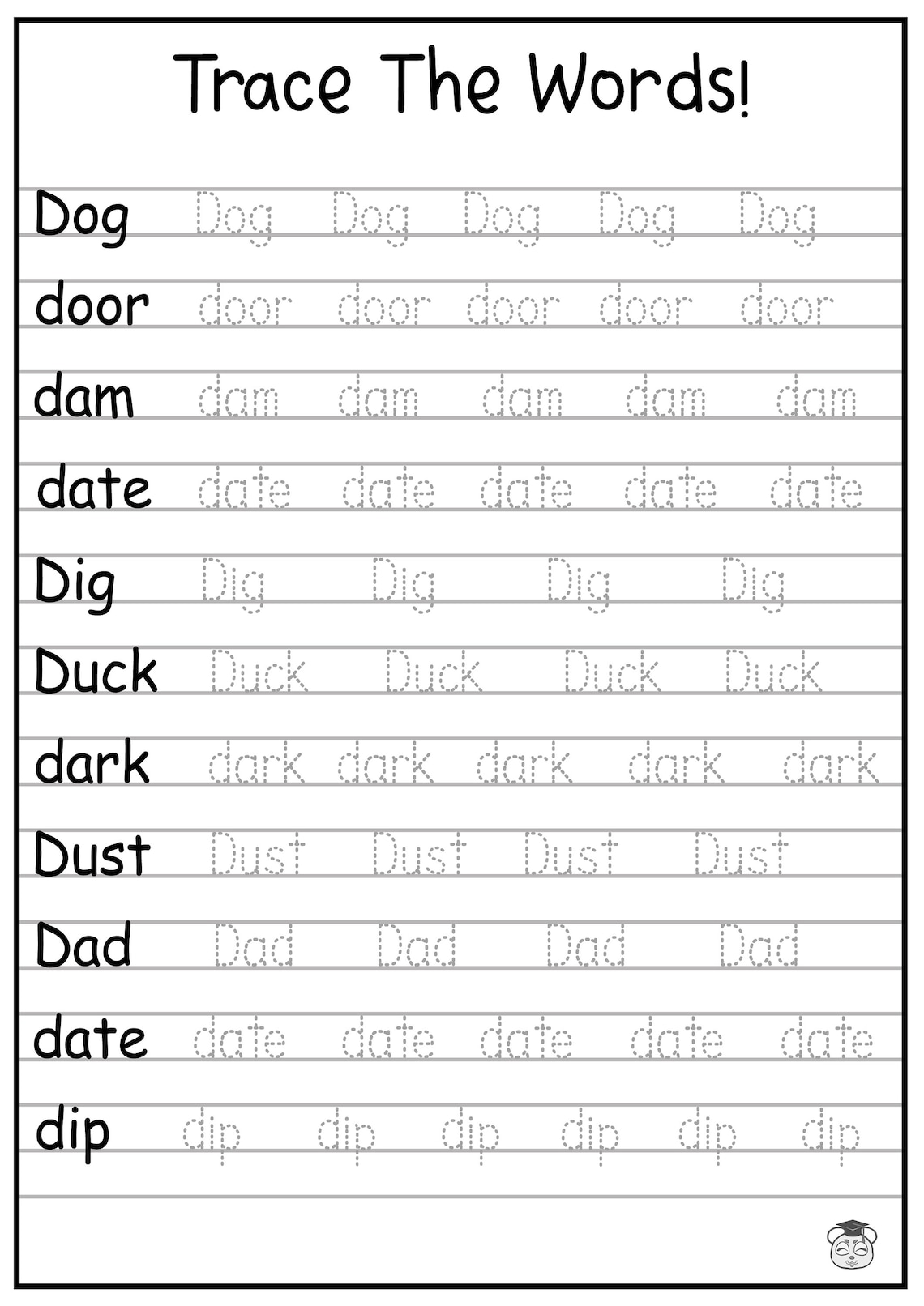 24 Printable Trace the Words Worksheet Alphabetical AZ Etsy