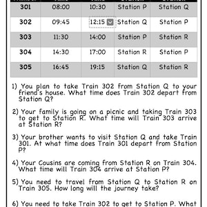 5 Page Printable Train Timetable Math Challenge: Easy Comprehension ...