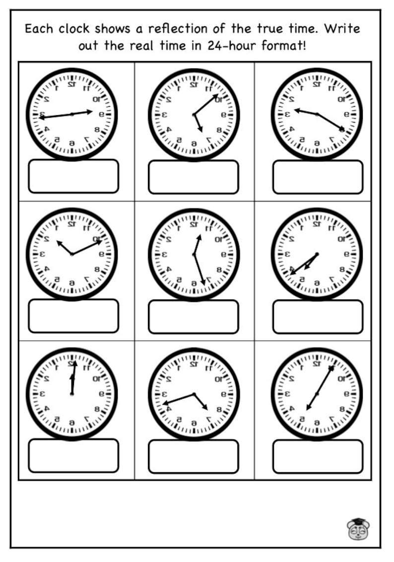 4 Page Printable Mirror Clock Time Puzzles: Kids 24-hour Clock ...