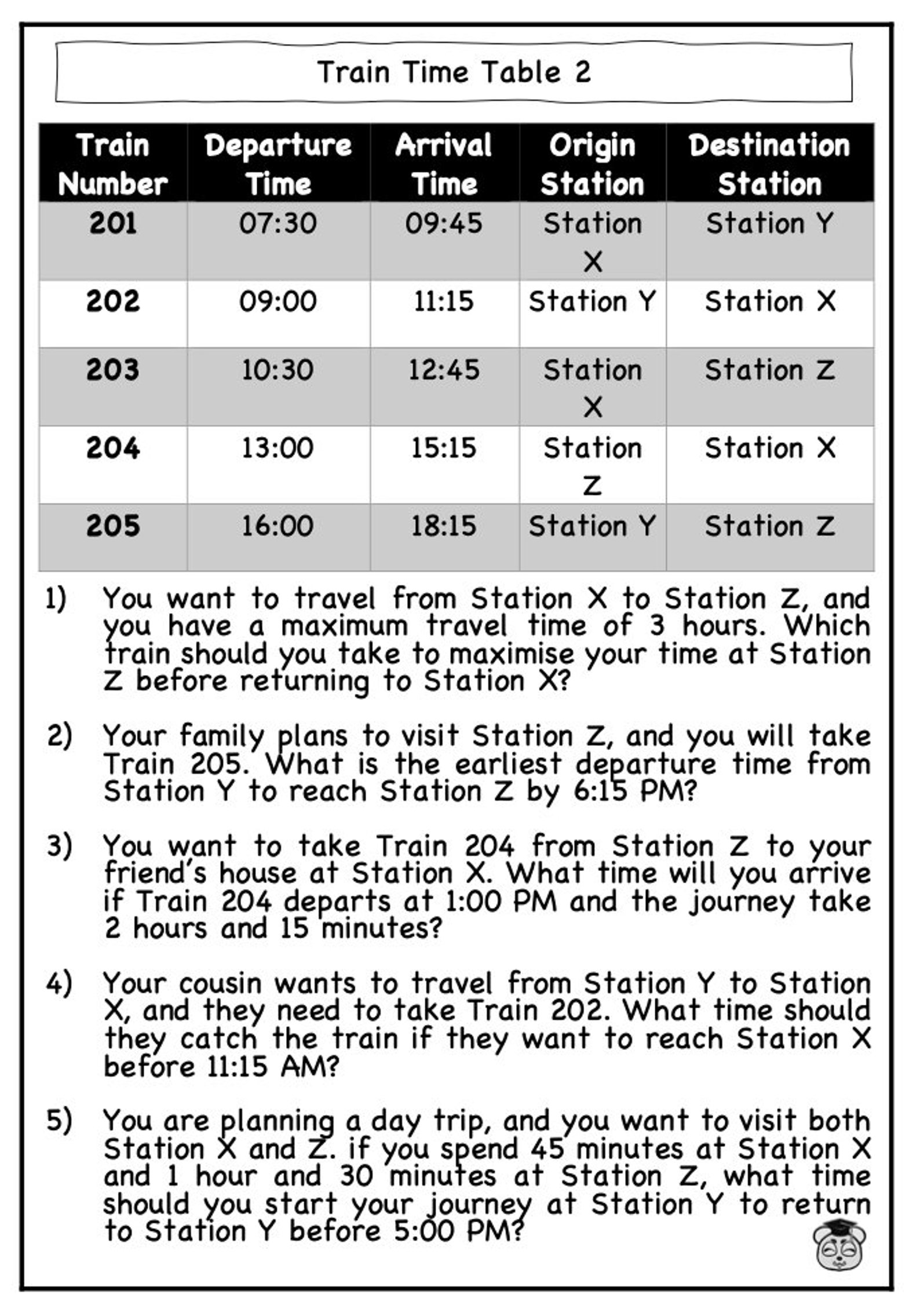 5 Page Printable Train Timetable Math Challenge: Hard Comprehension ...