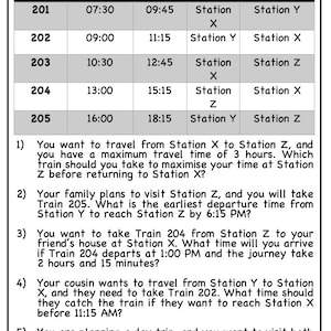 5 Page Printable Train Timetable Math Challenge: Hard Comprehension ...