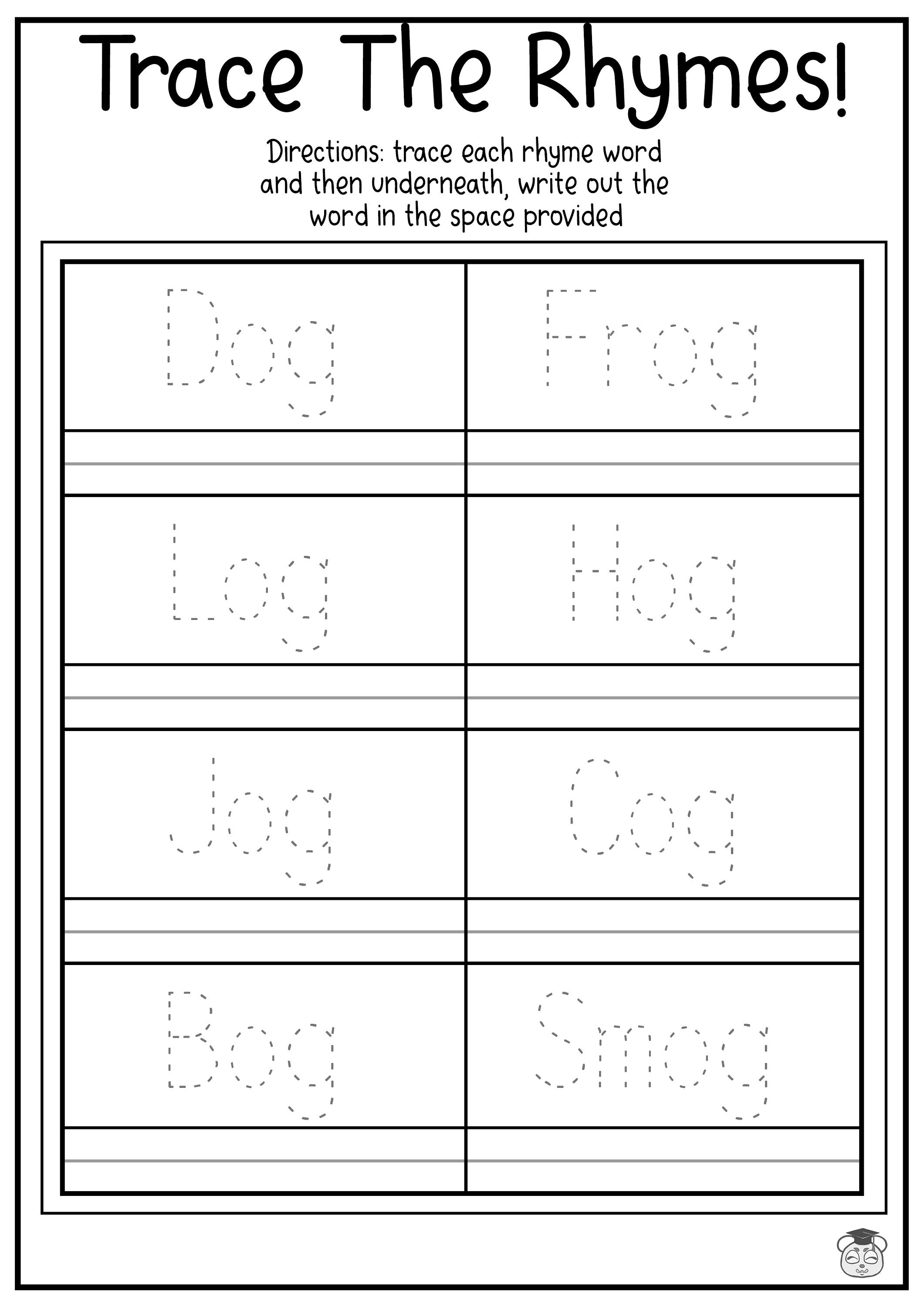 9 Printable Rhyme Word Tracing & Writing Practice Worksheets Practice