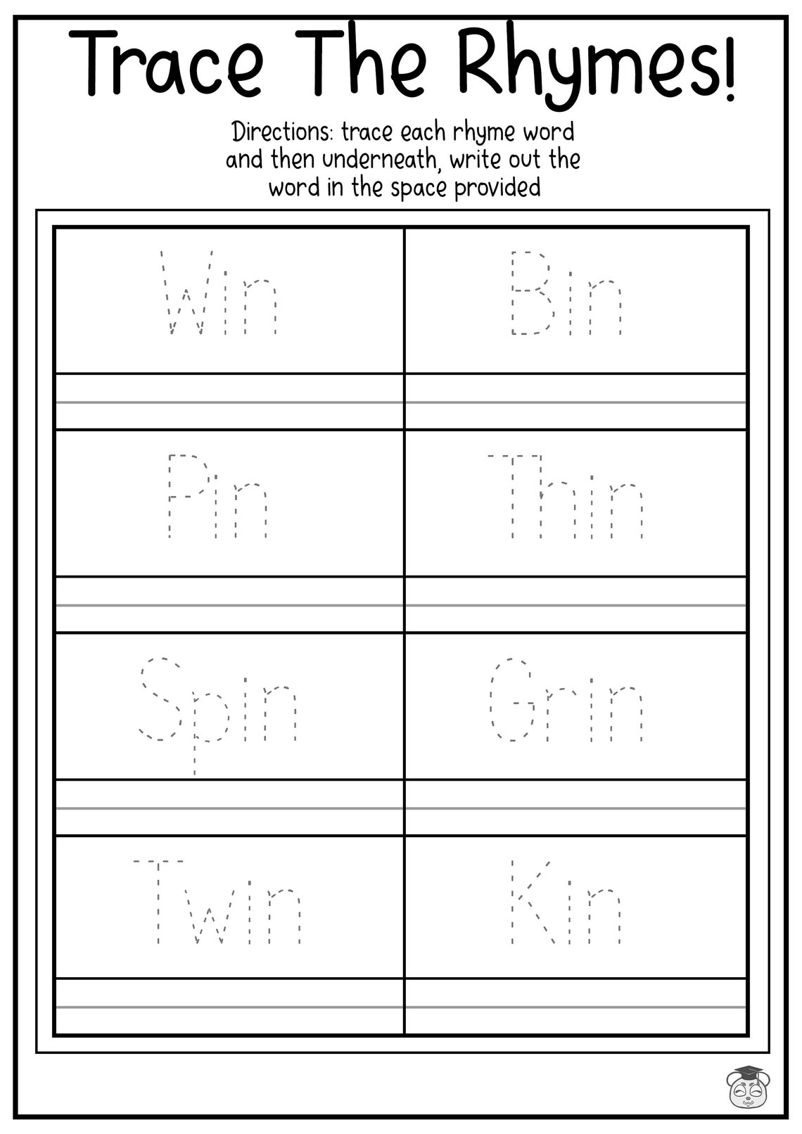 9 Printable Rhyme Word Tracing & Writing Practice Worksheets! Practice