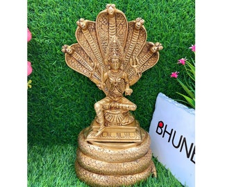 Bhunes Brass Goddess Mariamman Idols, Mariyamman Devi Karumariamman Silai Amman Statues Mariyamma On Sheshnag Shinghashan, Gold, 10.5 Inch