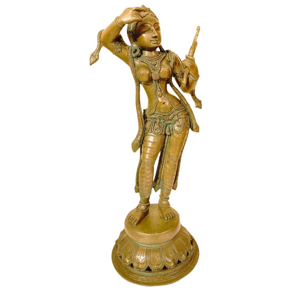 Bhunes Bronze-Dame mit Spiegelskulptur, Panchadhatu-Apsara-Idole der indischen Kultur, handgefertigt, braun, 25,5 Zoll, 1 Stück