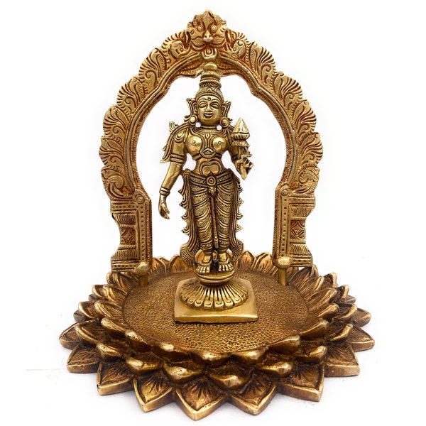 Bhunes Idole de la déesse Lakshmi en laiton debout sur un lotus avec figurine hindoue Prabhavali Laxmi Bhudevi Silai, décoration de temple, bureau à domicile, or 20 cm