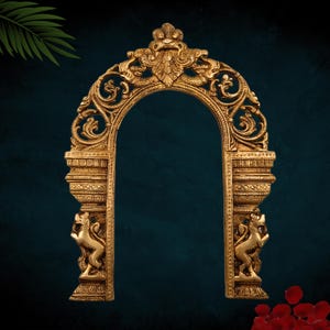 Brass Prabhavali Arch Frame: Dual Yali Temple Backdrop, 13 Inch