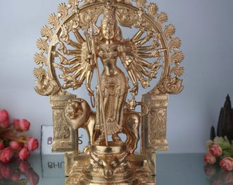 Estatua de Panchaloha Durga hecha a mano: Adi Shakti Murti de 18 manos