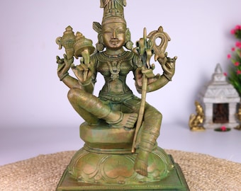 Handmade Bronze Raja Rajeshwari Idol | Chola-Style Panchaloha Lalita Tripura Sundari Statue | Pooja Decor & Spiritual Gift, Brown, 13.5 Inch
