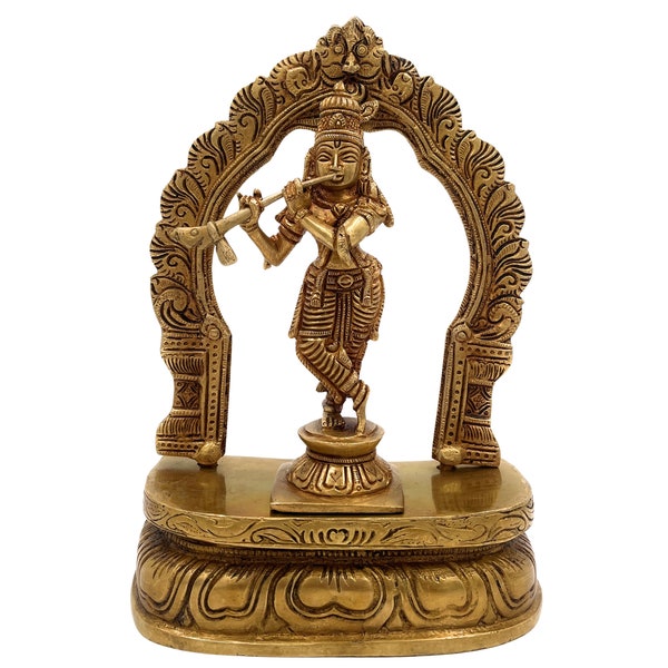 Idoles Bhunes du Seigneur Krishna en laiton avec lotus Chowki et Prabhavali, statue Kanhaiyya Thakurji, Gopal Kisna Silai, Keshava Vigraha, or, 23 cm