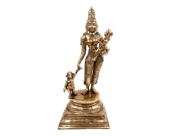 Bhunes Bronze Parwathi Idol With Ganesha And Karthik, Panchadhatu Goddess Parvati Idol, Home Decor Murti, Gold, 15.5 Inch, 1 Piece