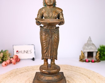 Bronze Deep Lakshmi Idol, Panchadhatu Diya Lady, Panchaloha Depa Laxmi With Lamps, Deeplakshmi, Lamp, Deepam, Brown, 17.5 Inch, 1 Piece