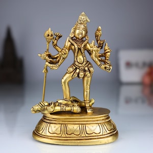 Brass Kali Idol – Mahakali Chamunda Bhadrakali Standing on Shiva Moorthi for Pooja, Temple & Home Decor, Gold, 6 Inch, 1 Piece