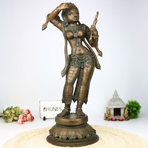 Bronze Lady with Mirror Sculpture: Handcrafted Panchadhatu Apsara Idol