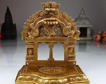Brass Shinghashan Peetha Chowki with Prabhavali | God Peeta, Peetalu, Peetham Bajot | Temple Singhasan, Prabhaval Frame | Stand, 7 Inch,
