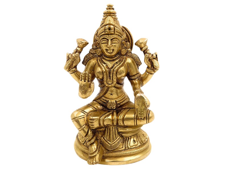 Bhunes Brass Maha Lakshmi Idol, Goddess Laxmi Ji Sitting Statue For Pooja And Home Decor, Gold, 5 Inch image 1