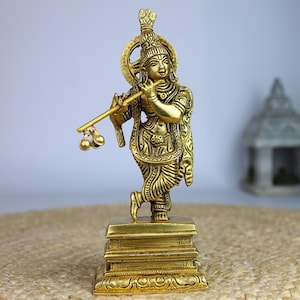 Brass Krishna Sculpture: Handcrafted Gold Idol, Home Temple Decor