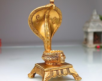 Brass Snake Shaped Pooja Chowki for Shiva Linga, Shaligram – Handmade Naga Singhasan, Peetha, Shinghashan Stand for Temple & Home, 7 Inch