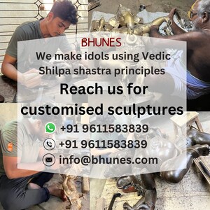 Puede incluir: Imagen que muestra a artesanos creando esculturas. La imagen incluye el texto "BHUNES" y "Hacemos &iacute;dolos utilizando los principios v&eacute;dicos de Shilpa shastra. Cont&aacute;ctenos para esculturas personalizadas." Tambi&eacute;n se proporciona informaci&oacute;n de contacto.