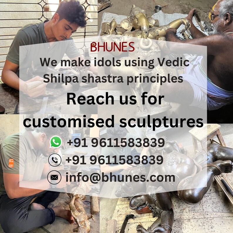 Puede incluir: Imagen que muestra a artesanos creando esculturas. La imagen incluye el texto "BHUNES" y "Hacemos &iacute;dolos utilizando los principios v&eacute;dicos de Shilpa shastra. Cont&aacute;ctenos para esculturas personalizadas." Tambi&eacute;n se proporciona informaci&oacute;n de contacto.