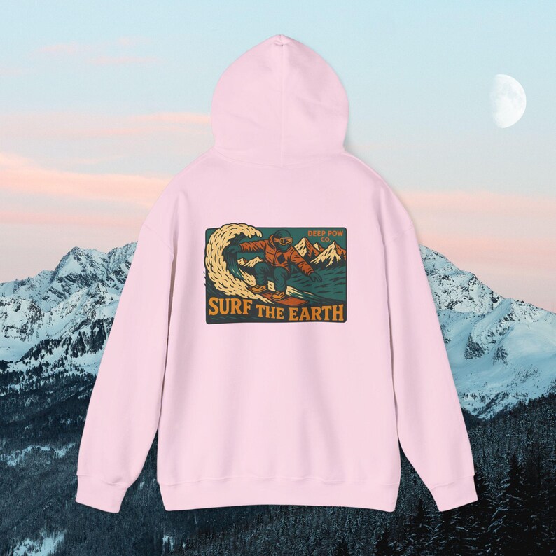 Vintage Snowboarding Hoodie: Surf the Earth Retro Mountain Pullover image 9