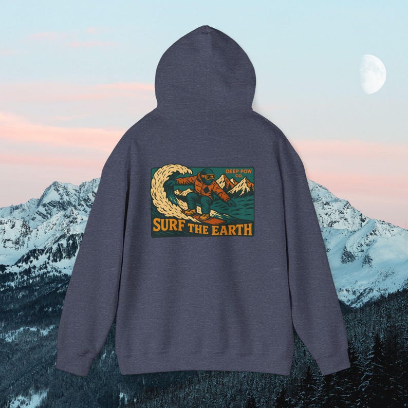 Vintage Snowboarding Hoodie: Surf the Earth Retro Mountain Pullover image 7