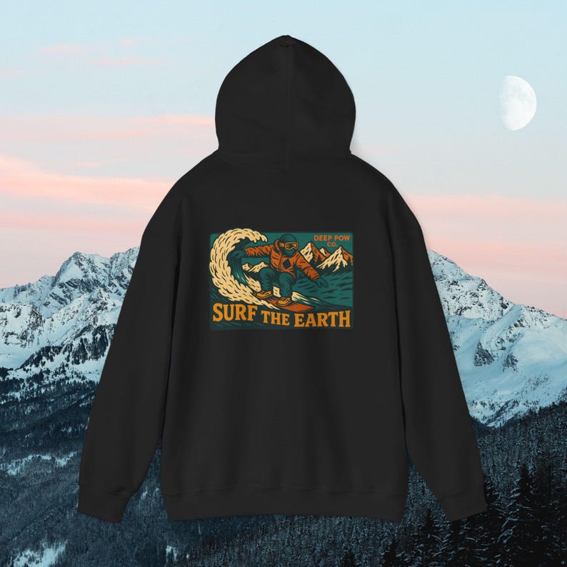 Vintage Snowboarding Hoodie: Surf the Earth Retro Mountain Pullover image 3