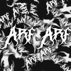May include: Black and white graphic design with the word "ARF" repeated in a stylized, gothic font. The word "ARF" is repeated in a pattern across the image.