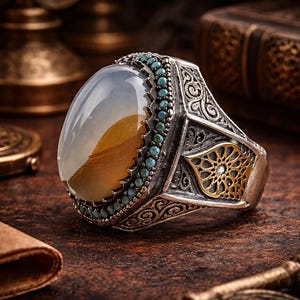 May include: A silver ring with an oval, translucent stone featuring brown and yellow hues. The stone is surrounded by small, turquoise-colored stones. The ring has ornate detailing and a gold-colored accent.