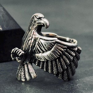 Oxidized Sterling Silver Eagle Ring: Adjustable Bird Ring for Him