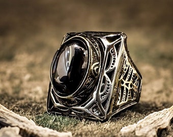 Anillo de piedra de ónix negro, anillo de plata para hombres, anillo de plata para hombre con sello de ónix negro, anillos de regalo de ónix de plata para marido, anillo de plata de ley