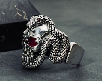 Sterling Silver Skull Snake Ring - Gothic Biker Style Jewelry