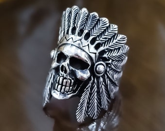 Indian Chief Skull Head Ring Men&#39;s 925 Sterling Silver Ring Indian Chief Skull,Native Vintage Ring,925 Sterling Silver Men Ring Indian Chief