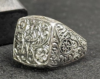 Men's Silver Ring: Engraved Tree Bark Style - Handmade 925 Sterling