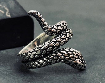 Sterling Silver Snake Ring, Oxidized Finish (Adjustable, Handmade)