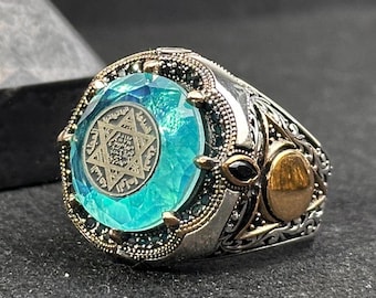 Seal of Solomon Turquoise Gemstone Ring,Sterling Silver Handmade Solomon Seal Engraved Ring,925k Sterling Silver Mens Ring
