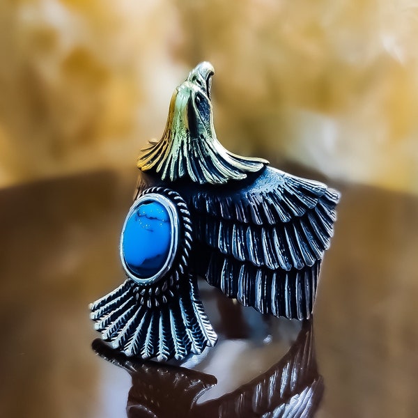 Turquoise Stone Eagle Shaped Men's Silver Ring 925 Sterling Silver,Eagle Head Mystic Ring,Best Gift ,Handmade 925 Sterling Silver Ring