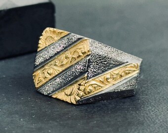 Statement Sterling Silver Ring: Rhodium Engraved Design (Men's Sizes)