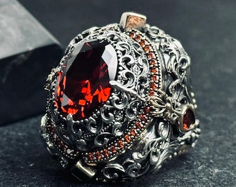 Ruby Ring, 925 Sterling Silver Victorian Filigree Statement Ring