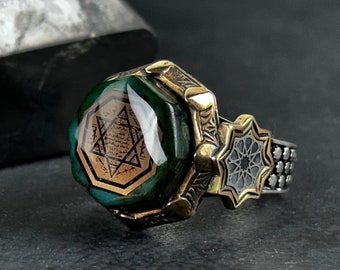 Seal of Solomon Silver Ring featuring Kehribar Shiny Gemstone, Symbolic Spiritual Jewelry, Ideal Present for Energy Healing Practitioners