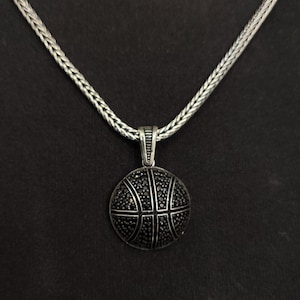 Basketball Necklace,Basketball Ball Shaped Necklace With Black Zircon Stones,925 Sterling Silver Handmade Men&#39;s Necklace,Christmas Gift