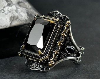 Handcrafted Black Zircon Sterling Silver Ring: Engraved Design