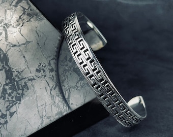 Silver Greek Bracelet,925k Sterling Silver Handmade Grek Bracelet Cuff,Unisex Silver Bracelet,Shiny Silver Bracelet